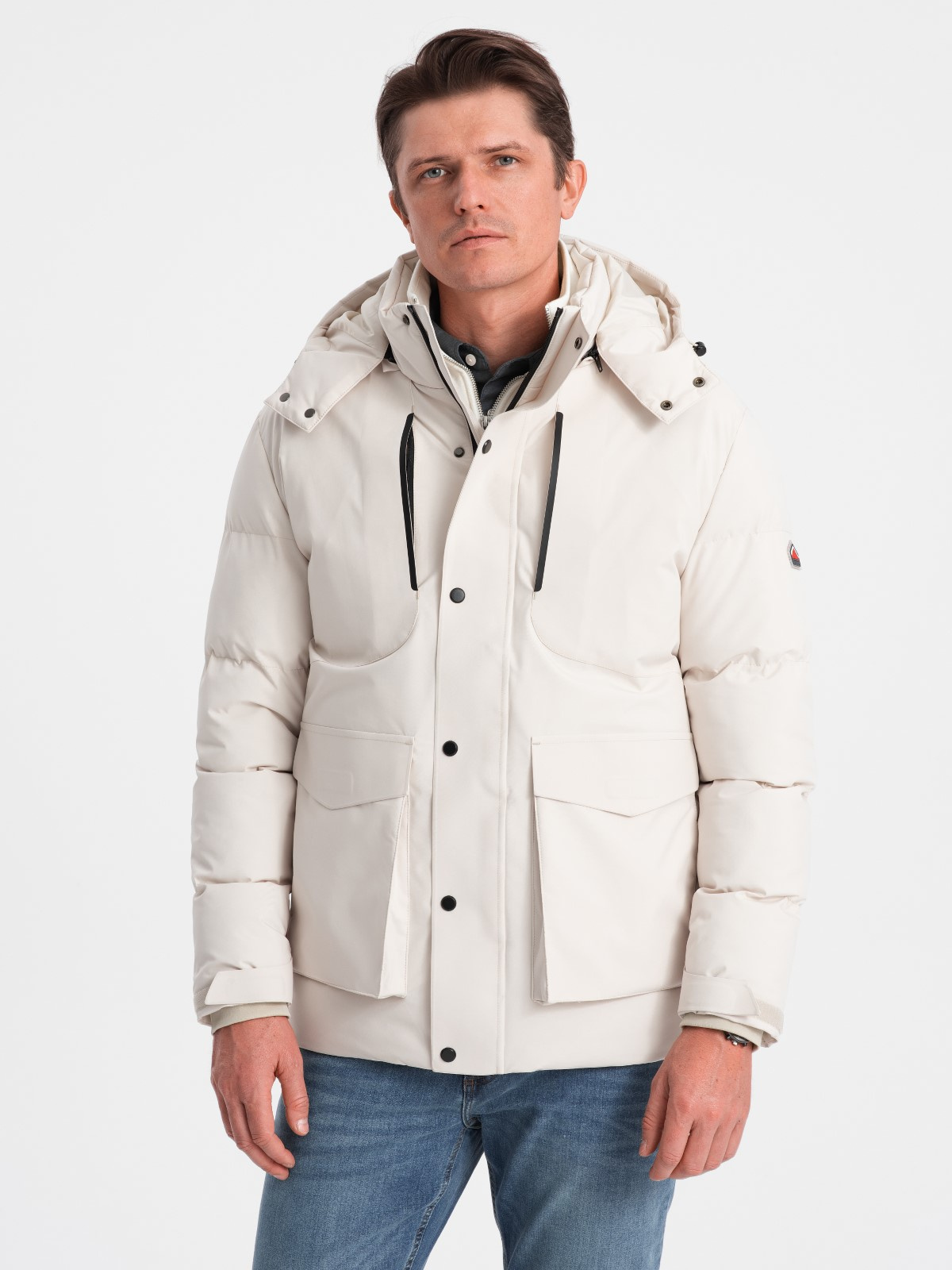 Ombre Men's winter jacket with detachable hood and cargo pockets - cream