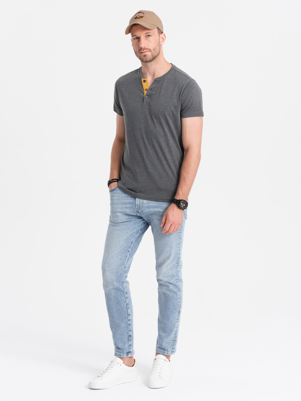 Ombre Men's t-shirt with round henley neckline - dark grey