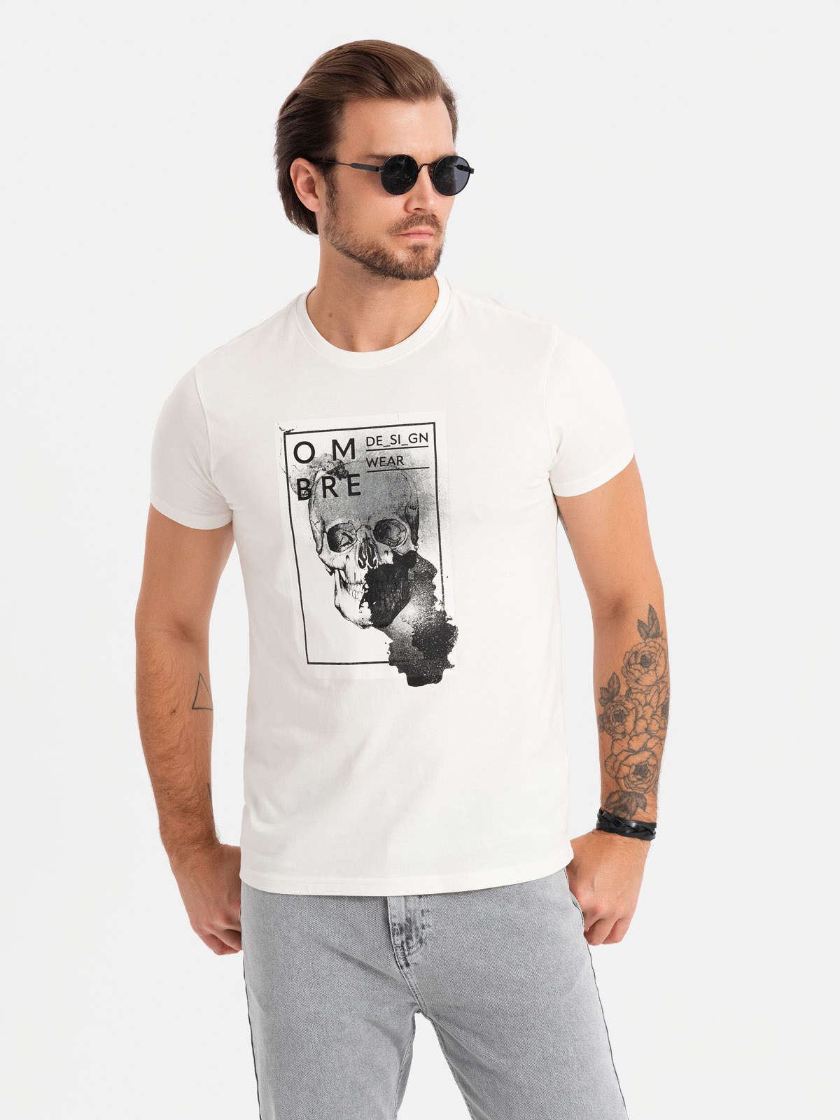 Ombre Men's cotton t-shirt with skull - white