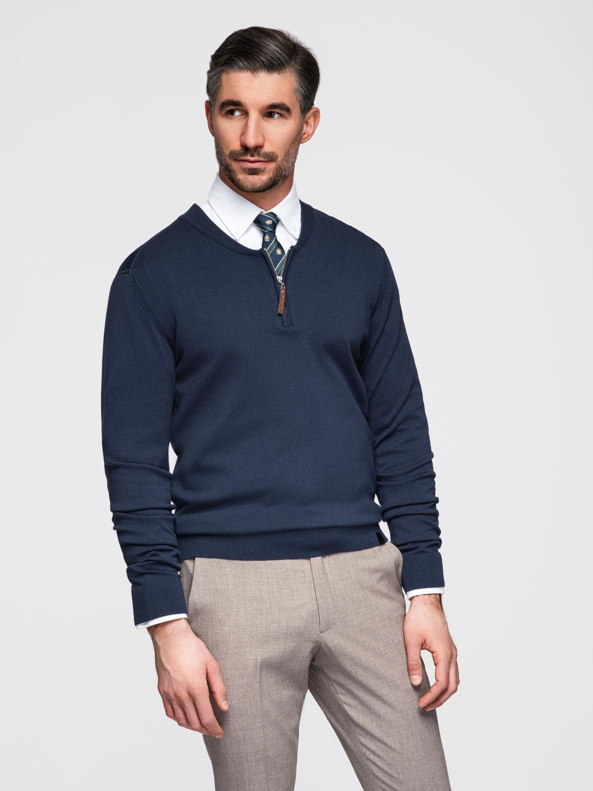 Ombre Men's sweater with viscose and spread neckline - navy blue