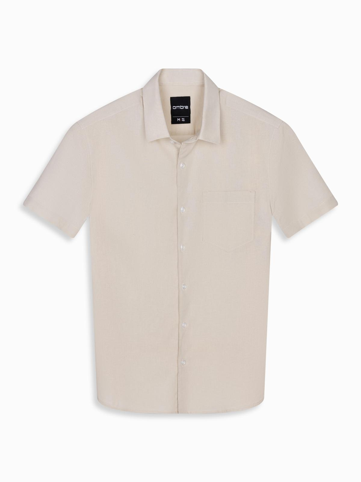 Ombre Men's short-sleeved linen-cotton shirt with pocket - beige