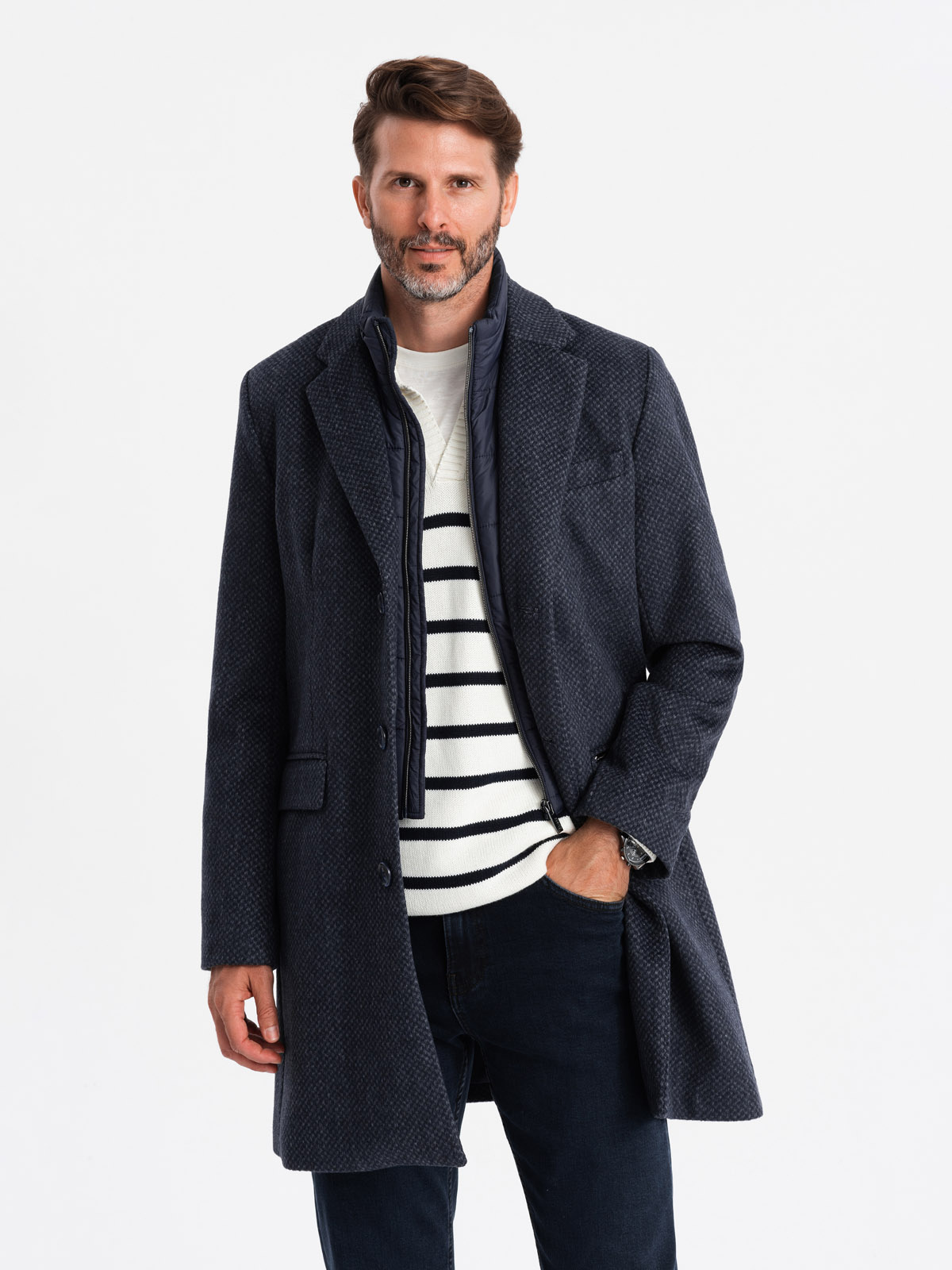 Ombre Men's Unbuttoned Coat With Wool - Navy Blue