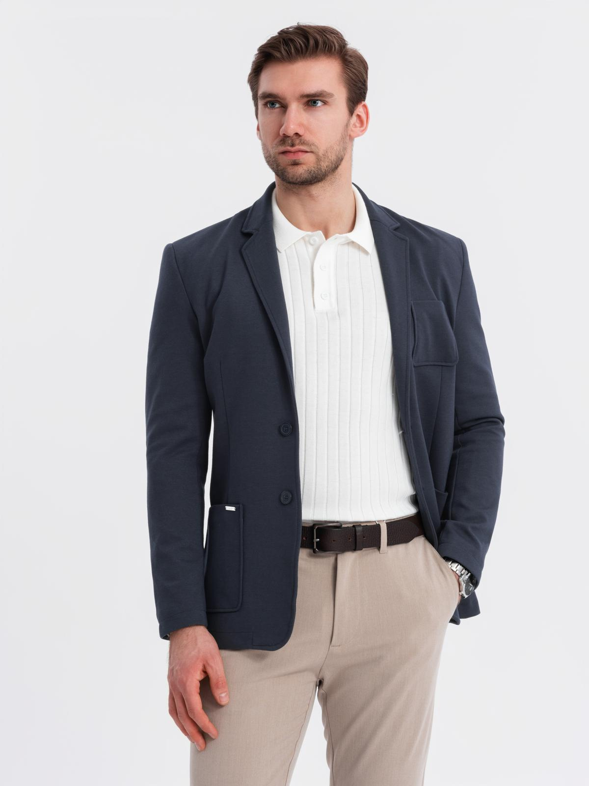 Ombre Men's SLIM knit jacket with subtle texture - navy blue