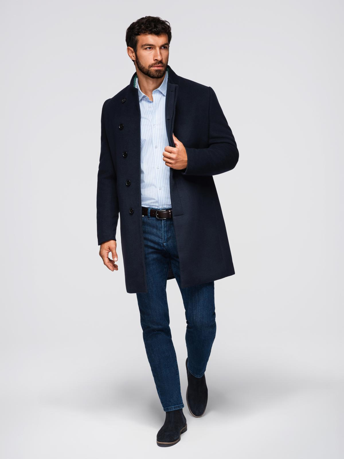 Ombre Men&#039;s coat with asymmetrical fastening and high collar - navy blue