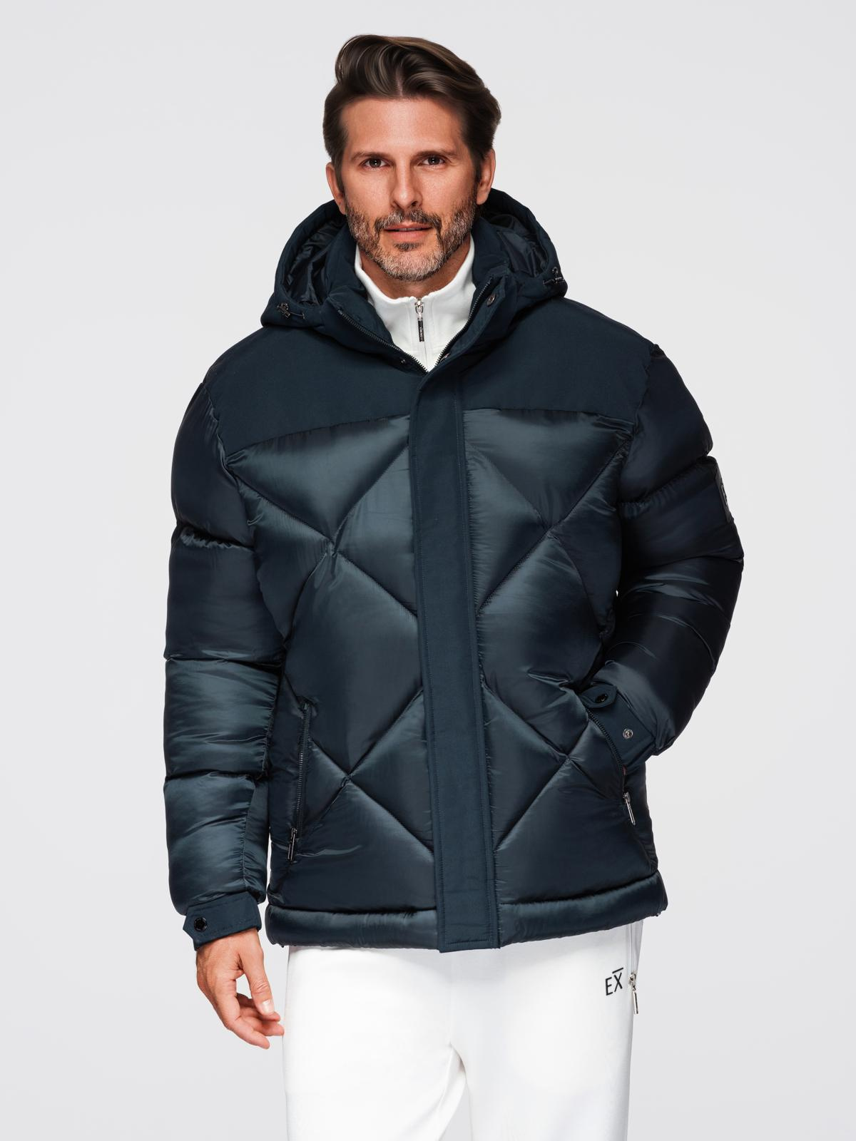Ombre Men&#039;s hooded jacket with geometric diamond quilting - navy blue