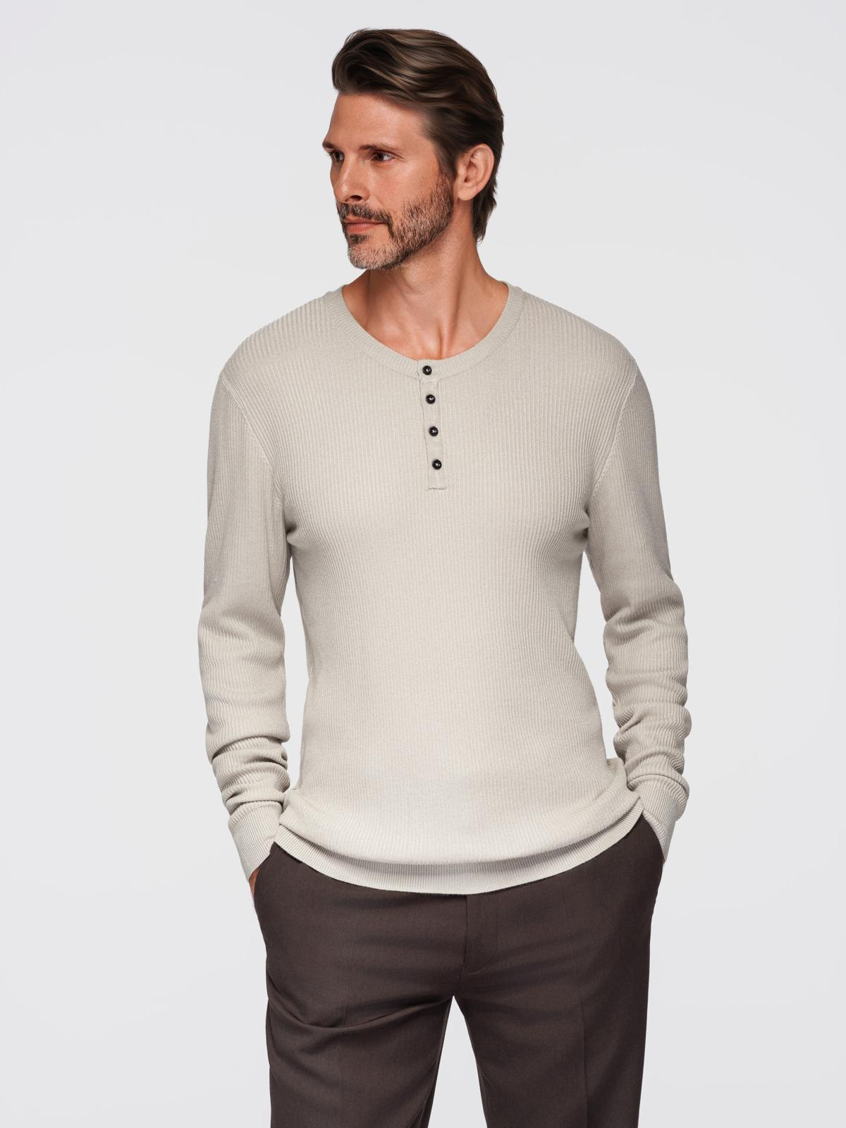 Ombre Men&#039;s ribbed sweater with buttons at the neckline - beige