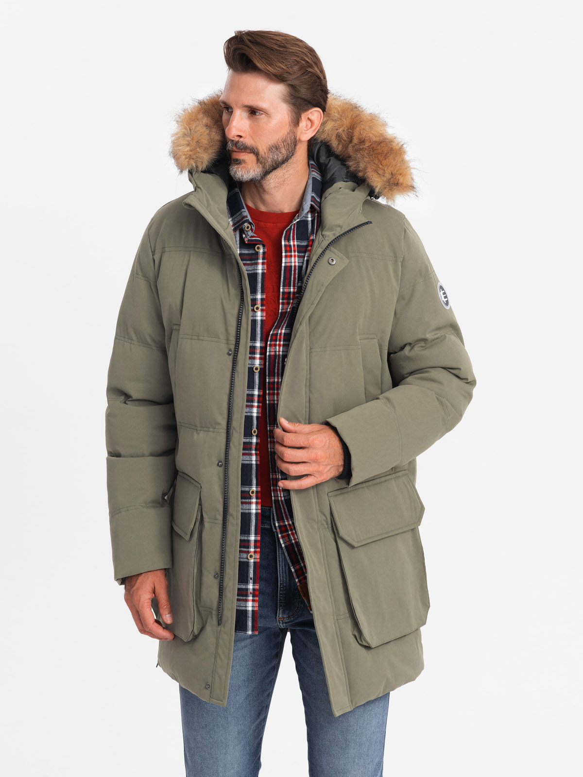 Ombre Men&#039;s long parka jacket with flared bottom - dark olive green