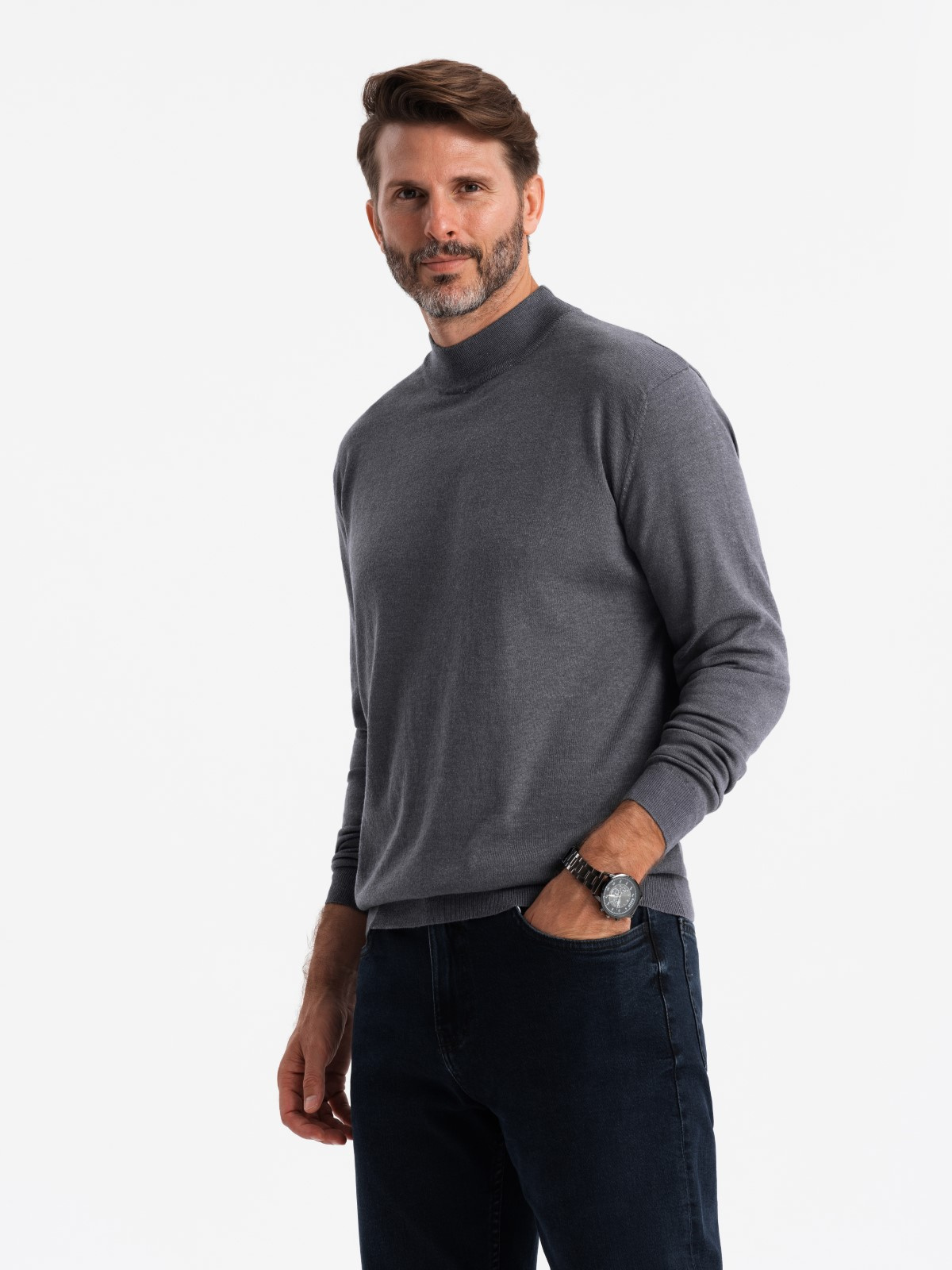 Ombre Men's knitted half-golf with viscose - grey melange