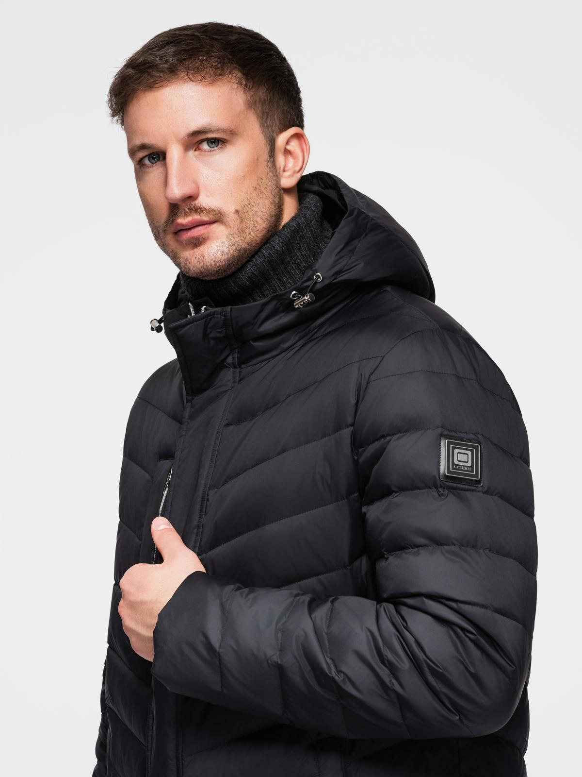 Ombre Men&#039;s long quilted jacket with natural filling - black