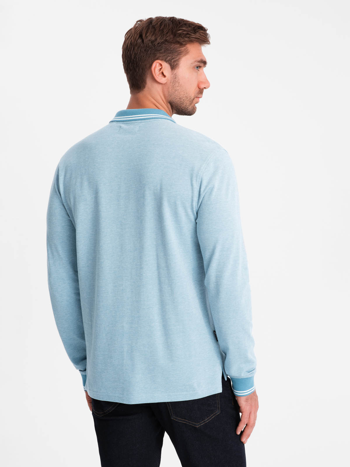 Ombre Men's melange polo longsleeve with embroidery - blue melange