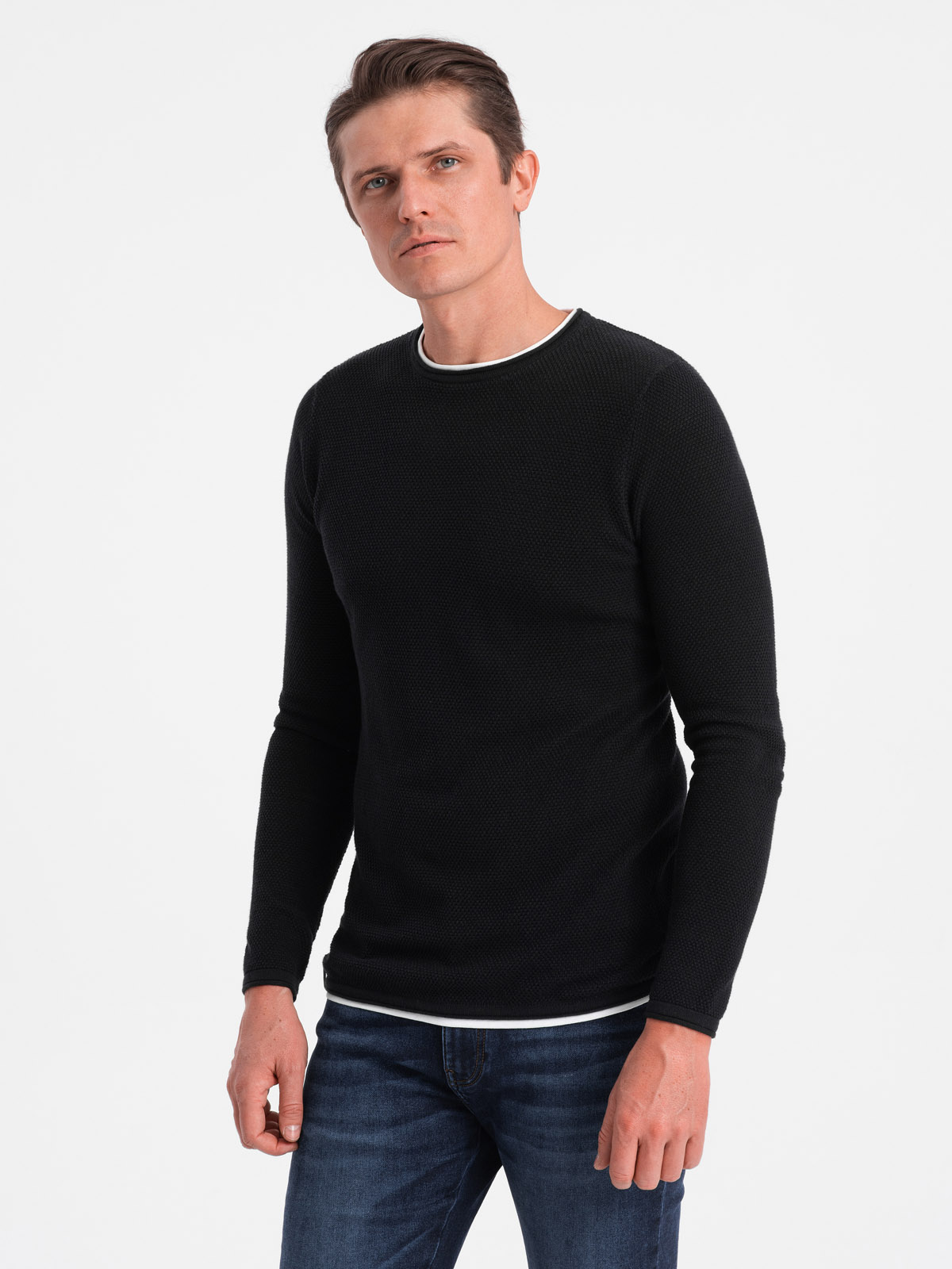 Levně Ombre Men's cotton sweater with round neckline - black