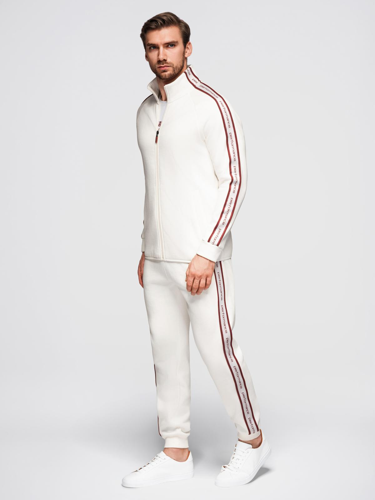 Ombre Men's unbuttoned sweatshirt with piping and high collar - cream