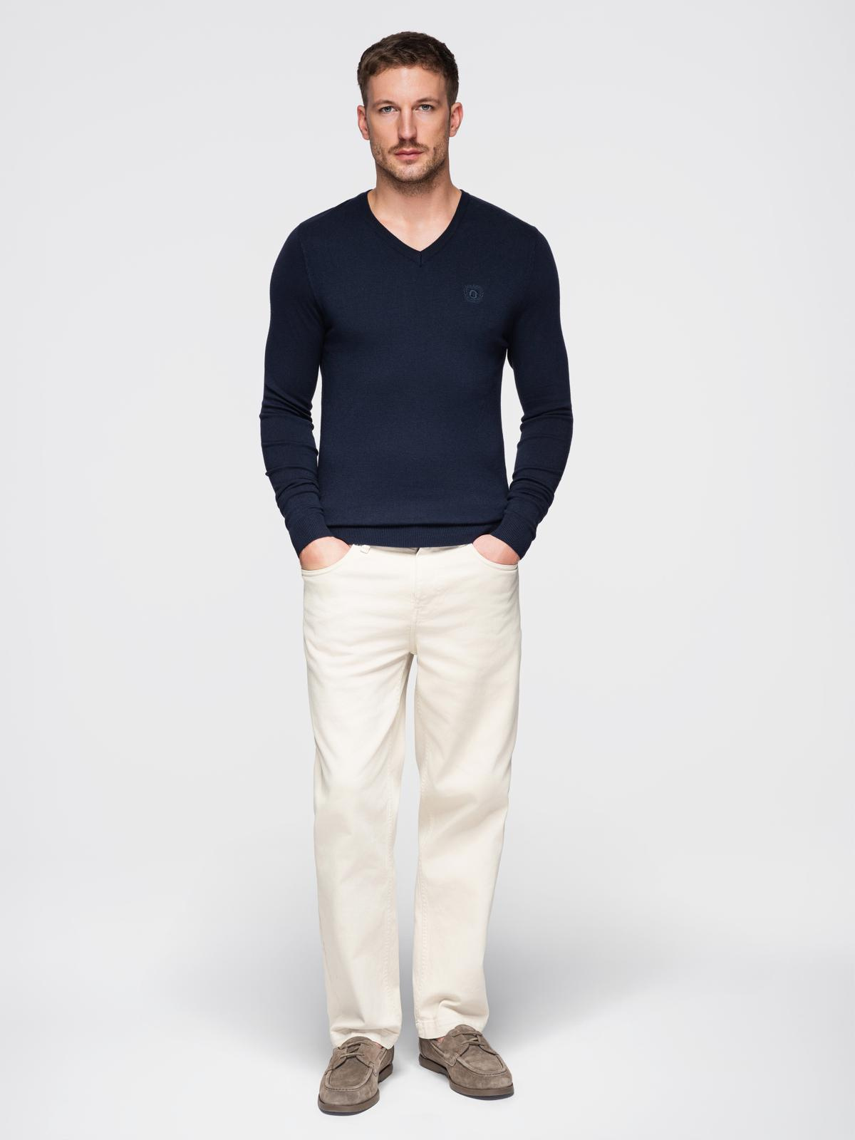 Ombre Men&#039;s elegant BASIC V-neck sweater with viscose - navy blue