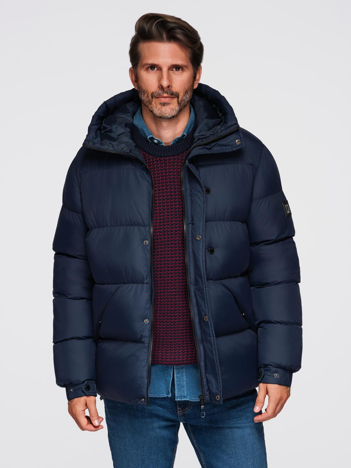 Ombre Men&#039;s quilted jacket with high zipped hood - navy blue