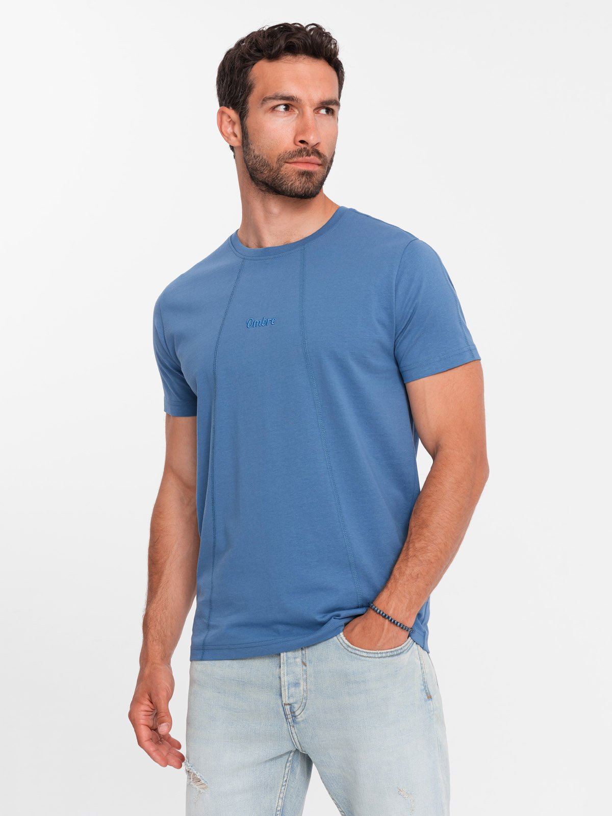 Ombre Men's Cotton T-shirt With Fine Embroidery - Dark Blue