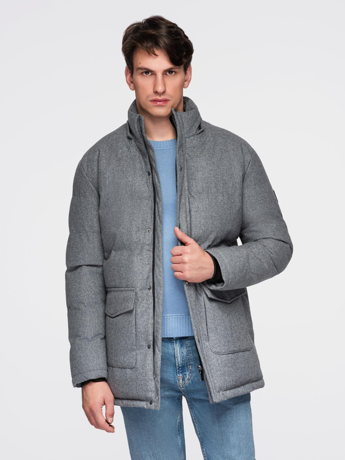 Ombre Warm long men&#039;s parka jacket with wool - grey melange
