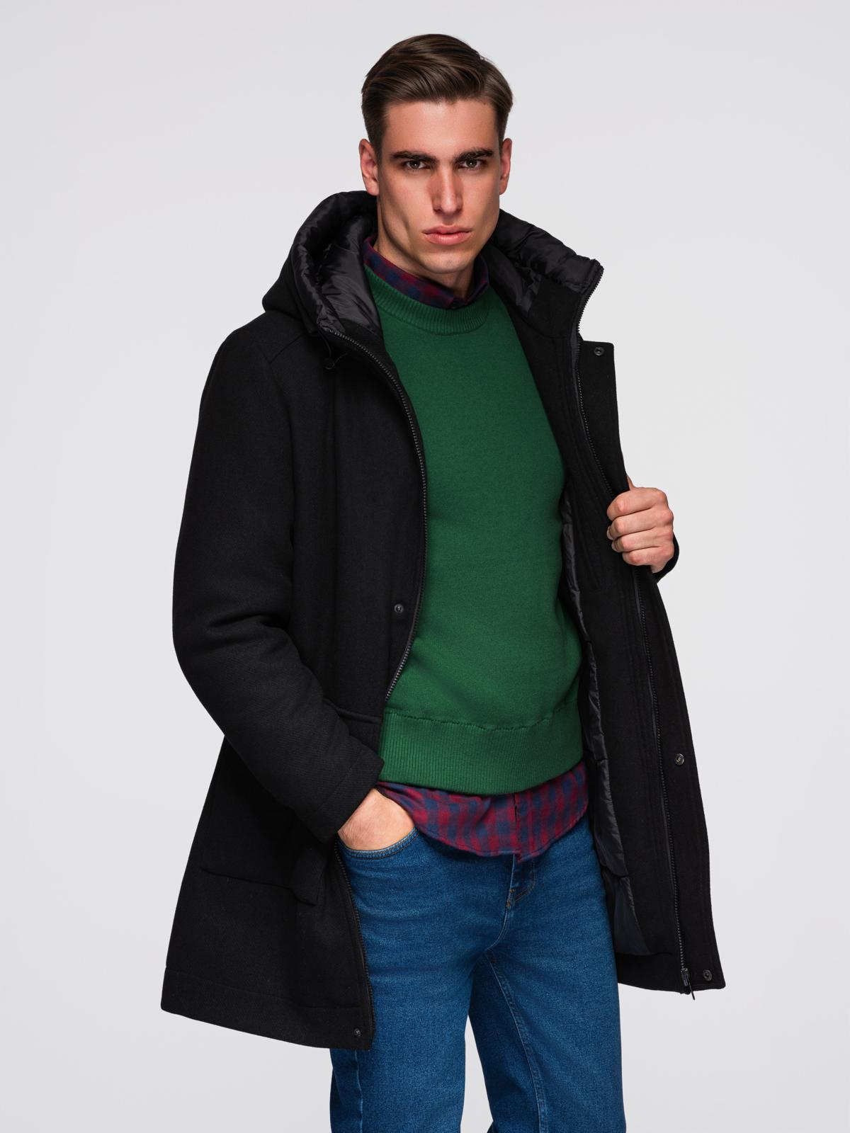 Ombre Men&#039;s parka coat with wool and hood - black
