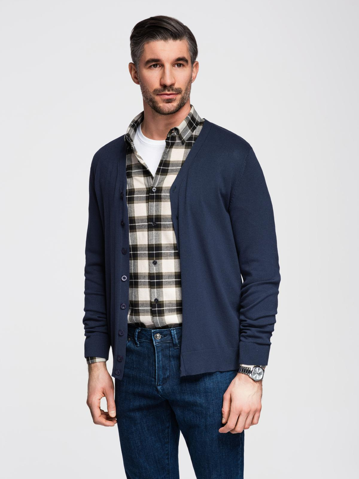 Ombre Knitted monochrome men's viscose cardigan - navy blue