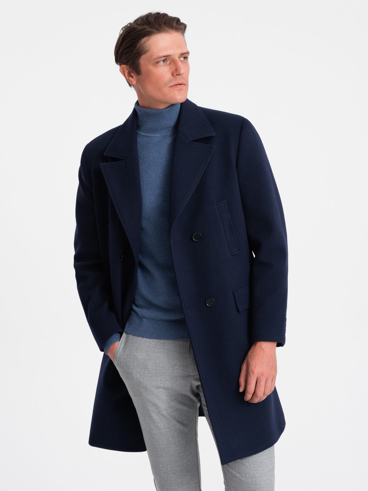 Levně Ombre Men's double-breasted lined coat - navy blue