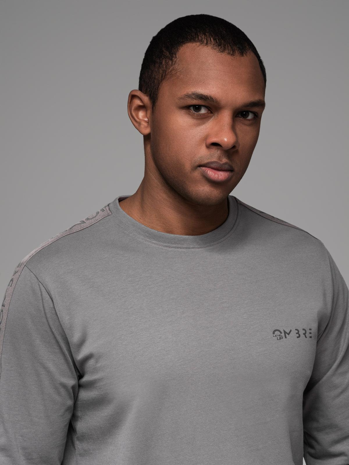 Ombre Men's cotton U-neck longsleeve with piping and chest print - grey