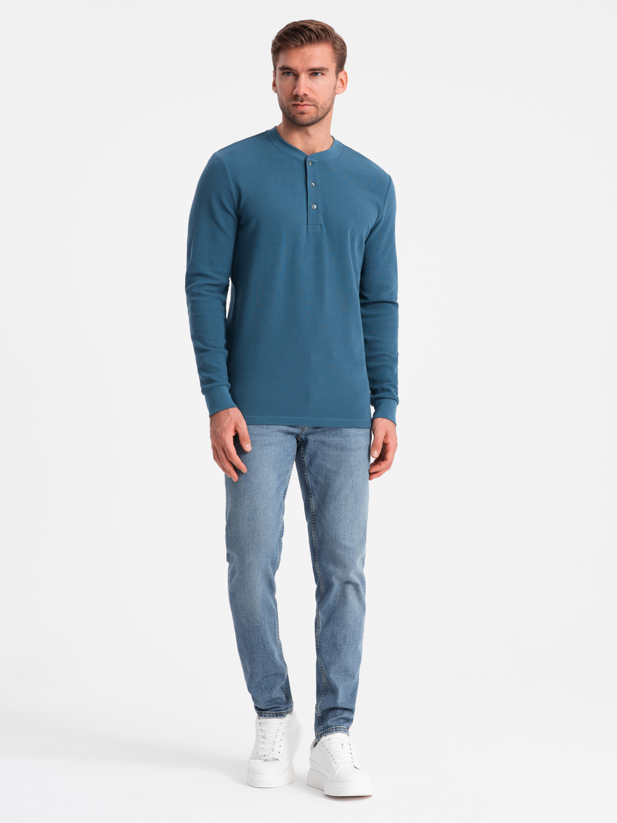 Ombre Men's waffle knit longsleeve fastened at the neck - blue denim