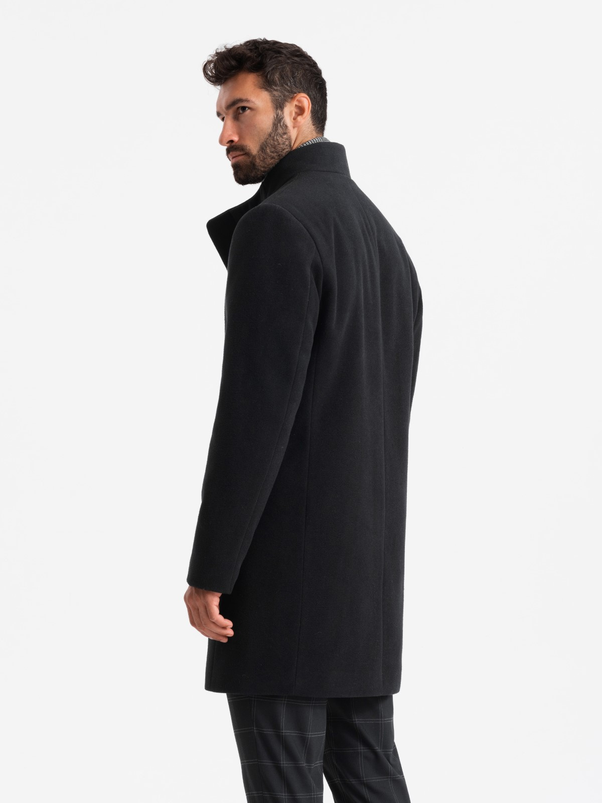 Ombre Men's coat with high collar and asymmetrical fastening - black