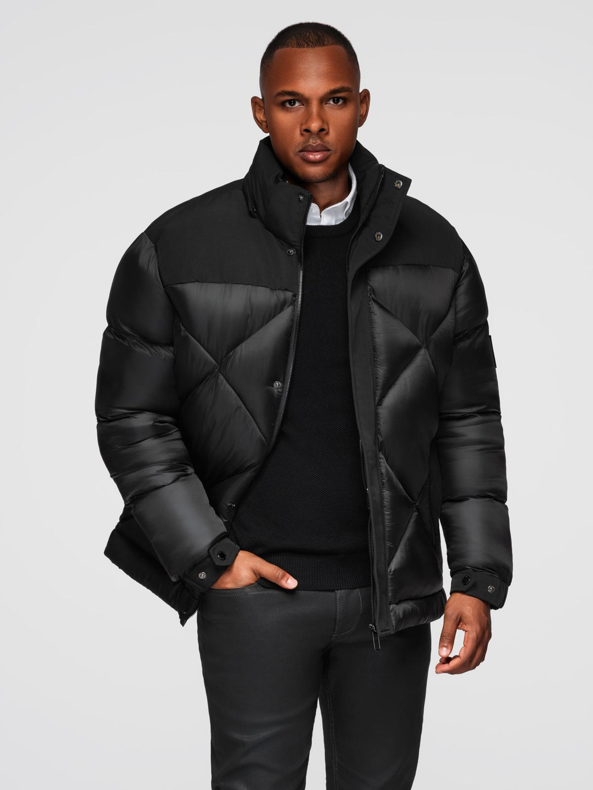 Ombre Men&#039;s hooded jacket with geometric diamond quilting - black