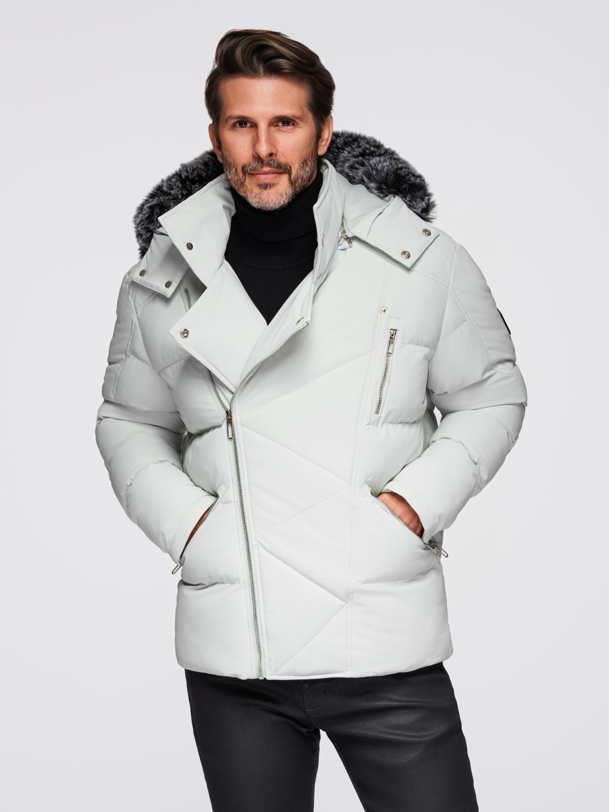 Ombre Men&#039;s quilted jacket with hooded ramonesque cut - light grey