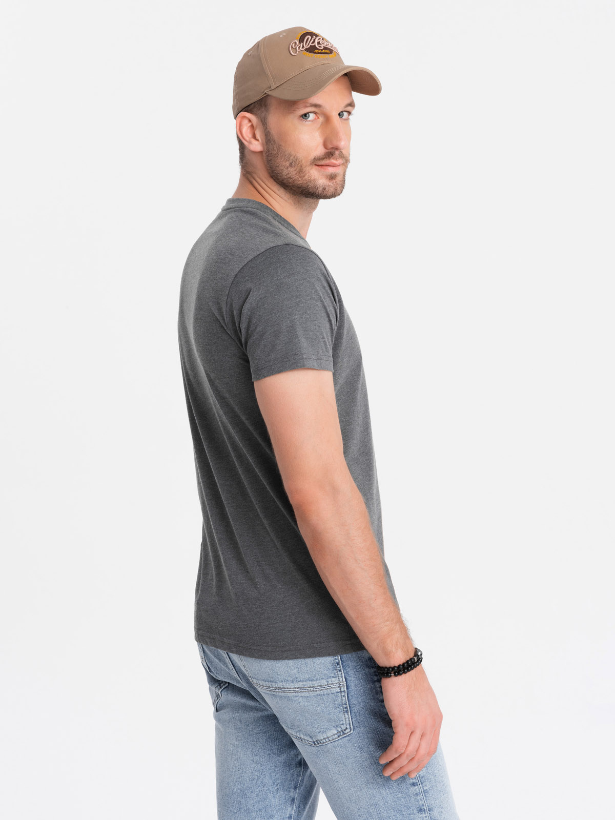 Ombre Men's t-shirt with round henley neckline - dark grey