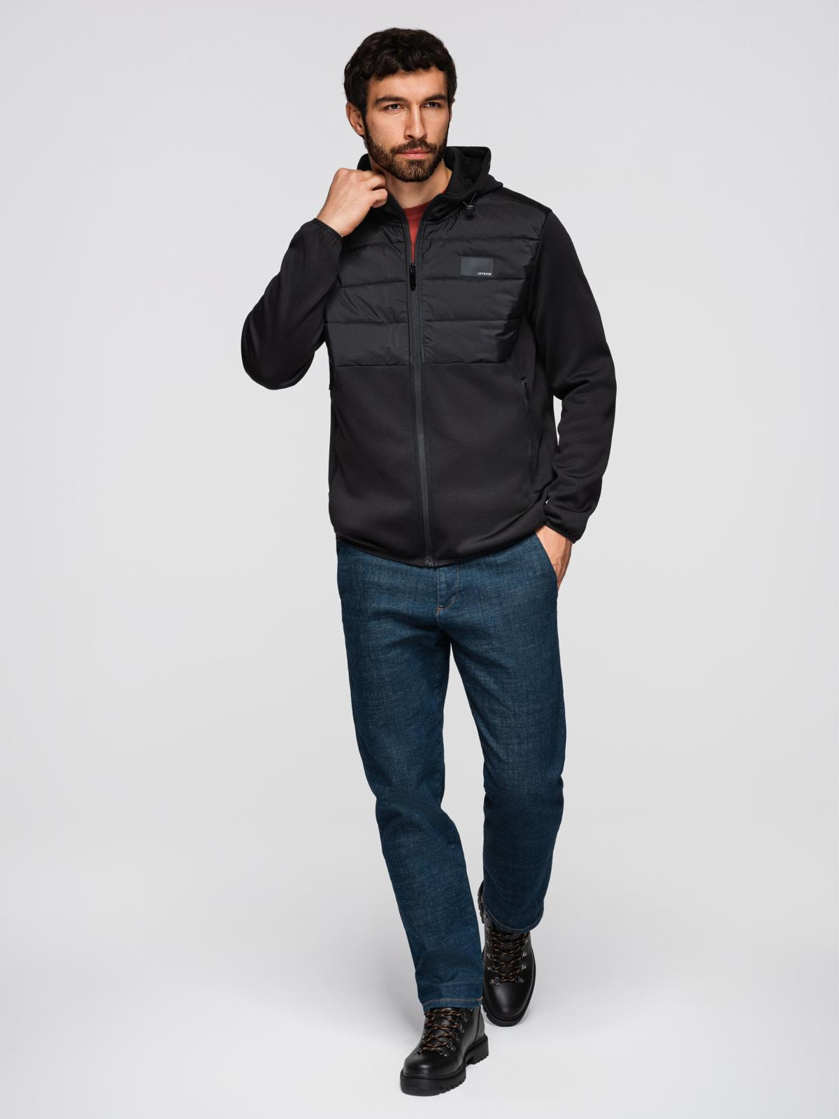 Ombre Men's lightweight jacket of combined materials with hood and decorative quilting - black