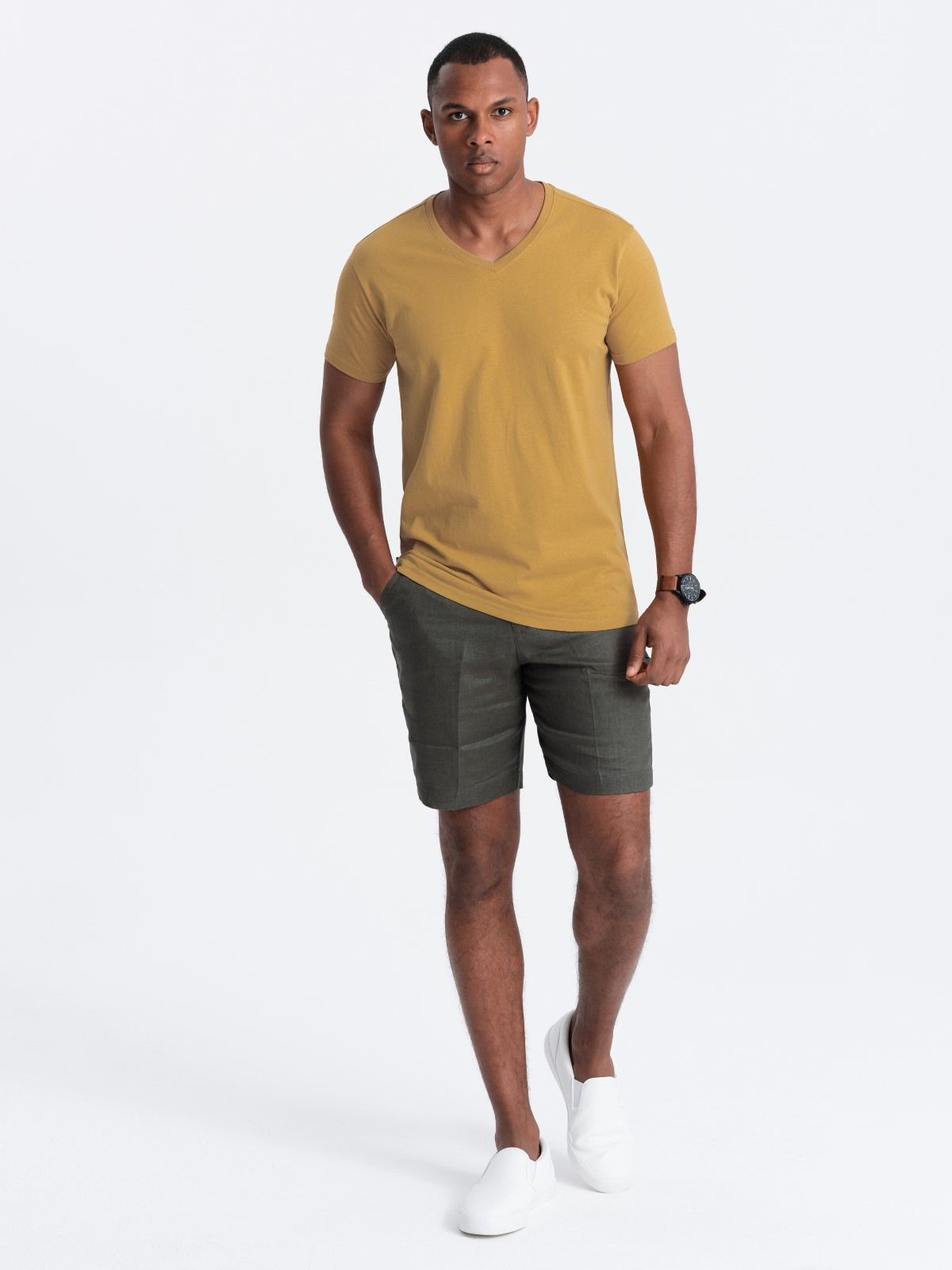 Ombre BASIC men's classic cotton T-shirt with a serape neckline - mustard