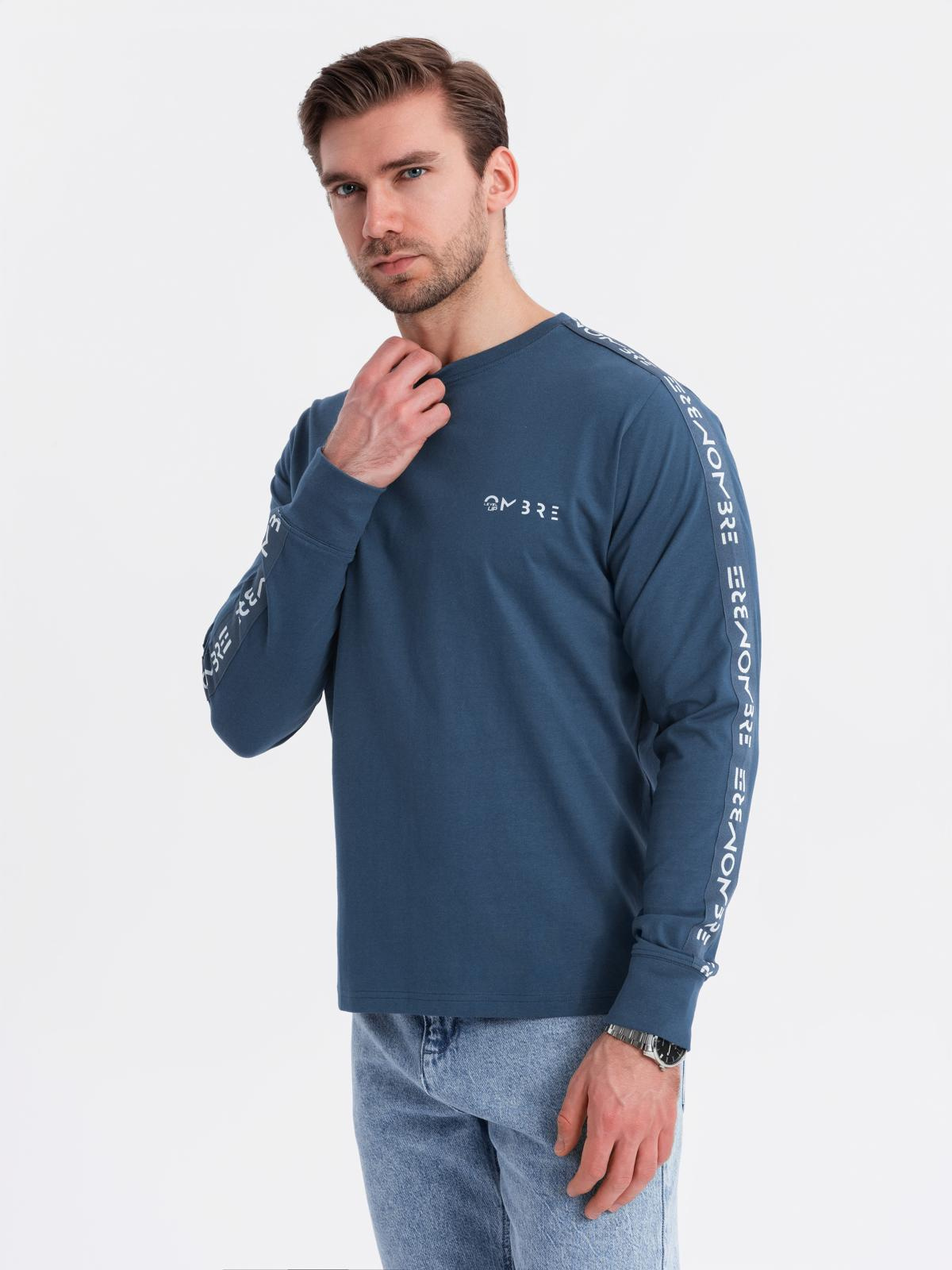 Ombre Men's cotton U-neck longsleeve with piping and chest print - dark blue
