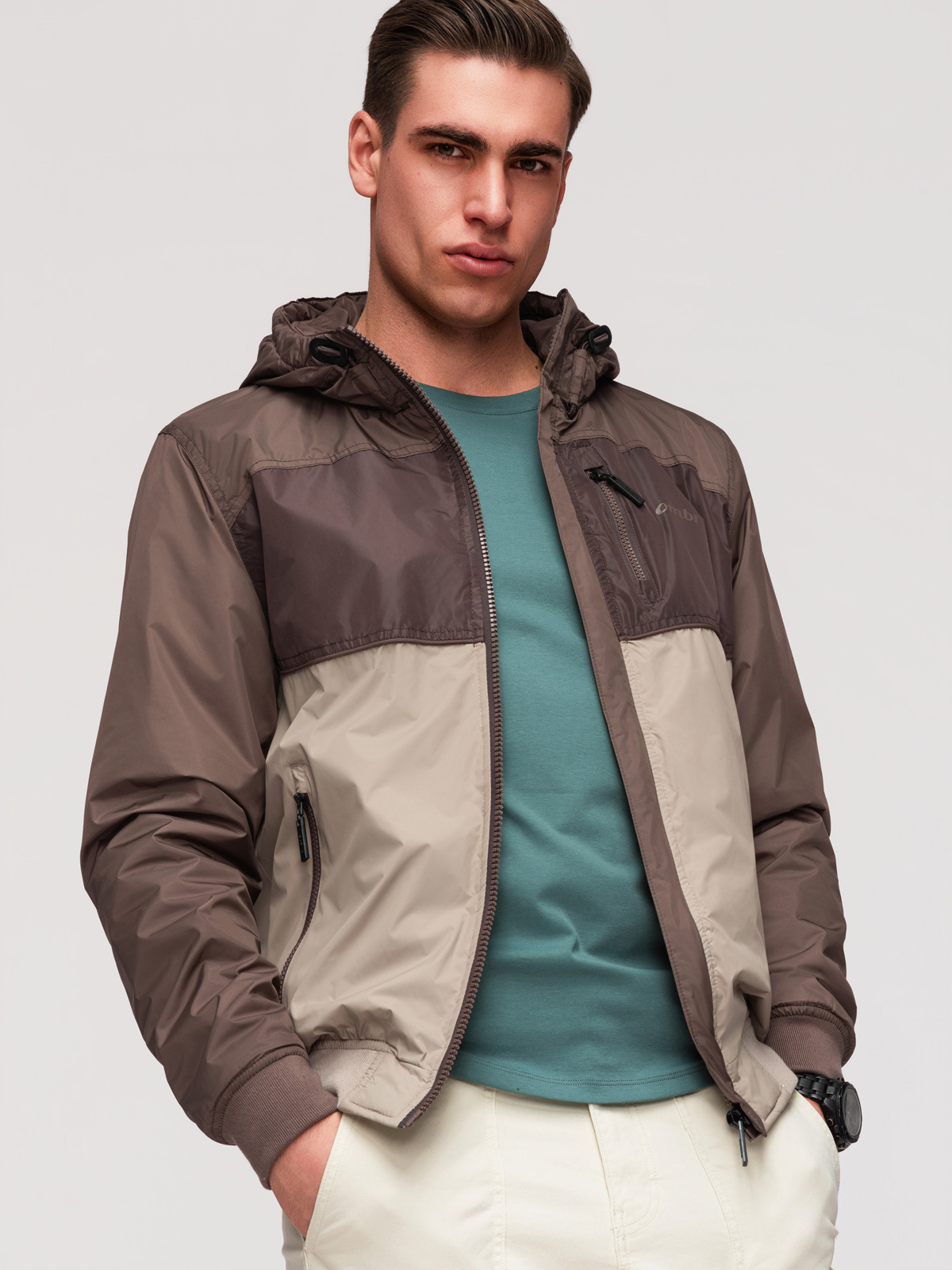 Ombre Lightweight colorful men's sports jacket with fleece - beige and dark brown