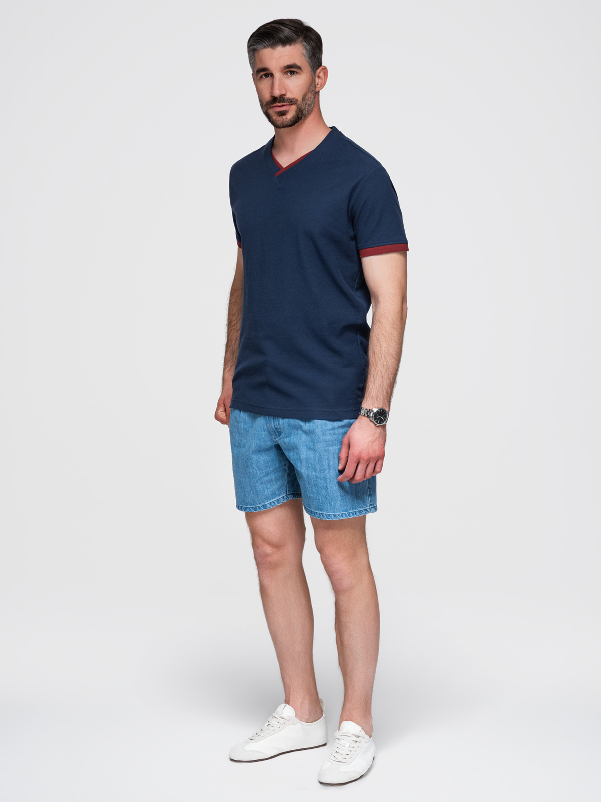 Ombre Men's T-shirt with contrasting inserts and v-neck - navy blue