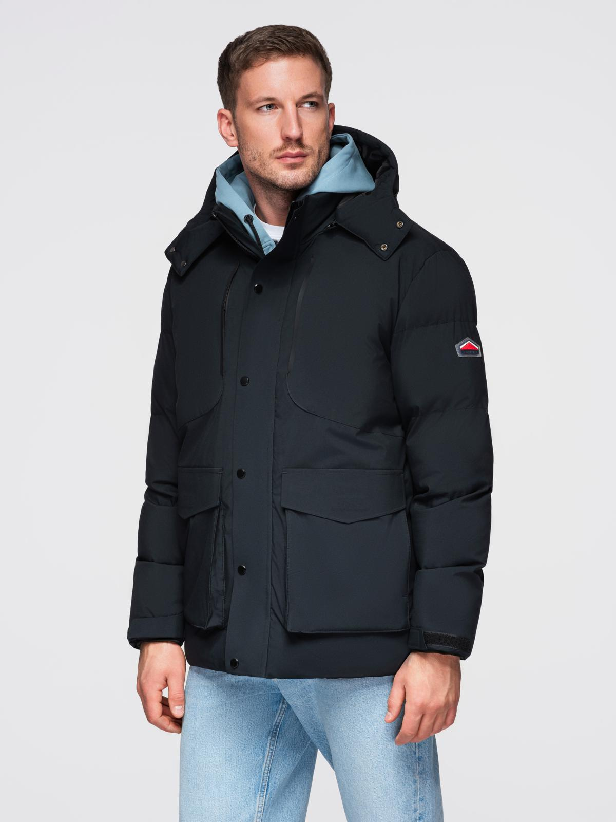 Ombre Men&#039;s winter jacket with detachable hood in waterproof material - black