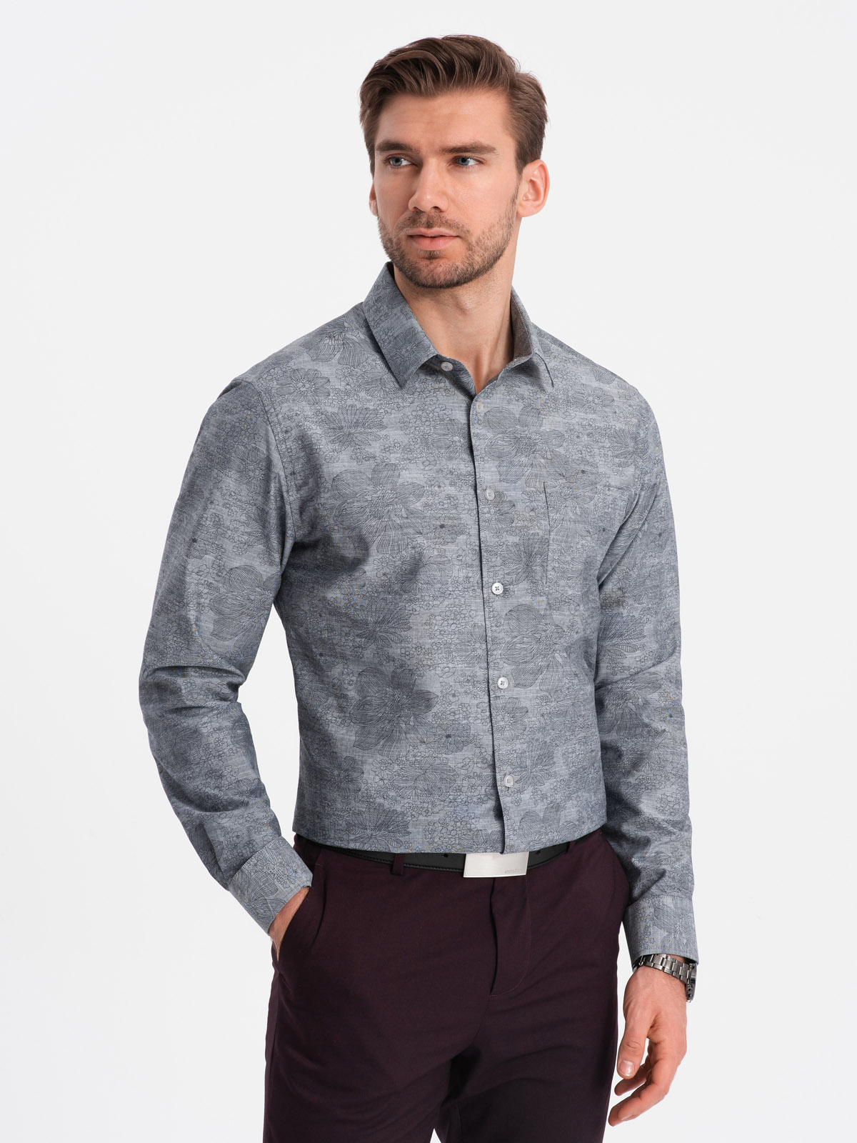 Levně Ombre Classic men's flannel cotton plaid shirt - gray