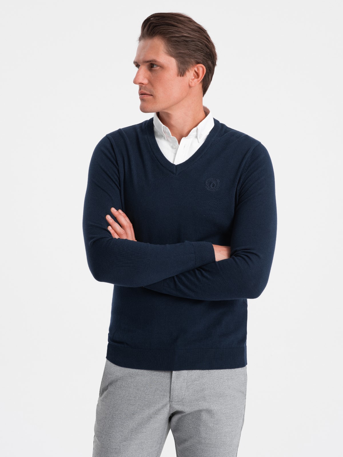 Ombre Men's sweater with a "v-neck" neckline with a shirt collar - navy blue