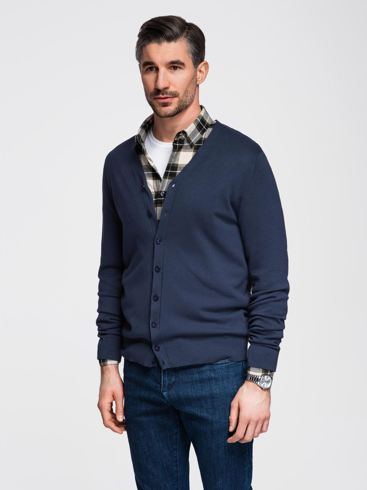 Ombre Knitted monochrome men's viscose cardigan - navy blue