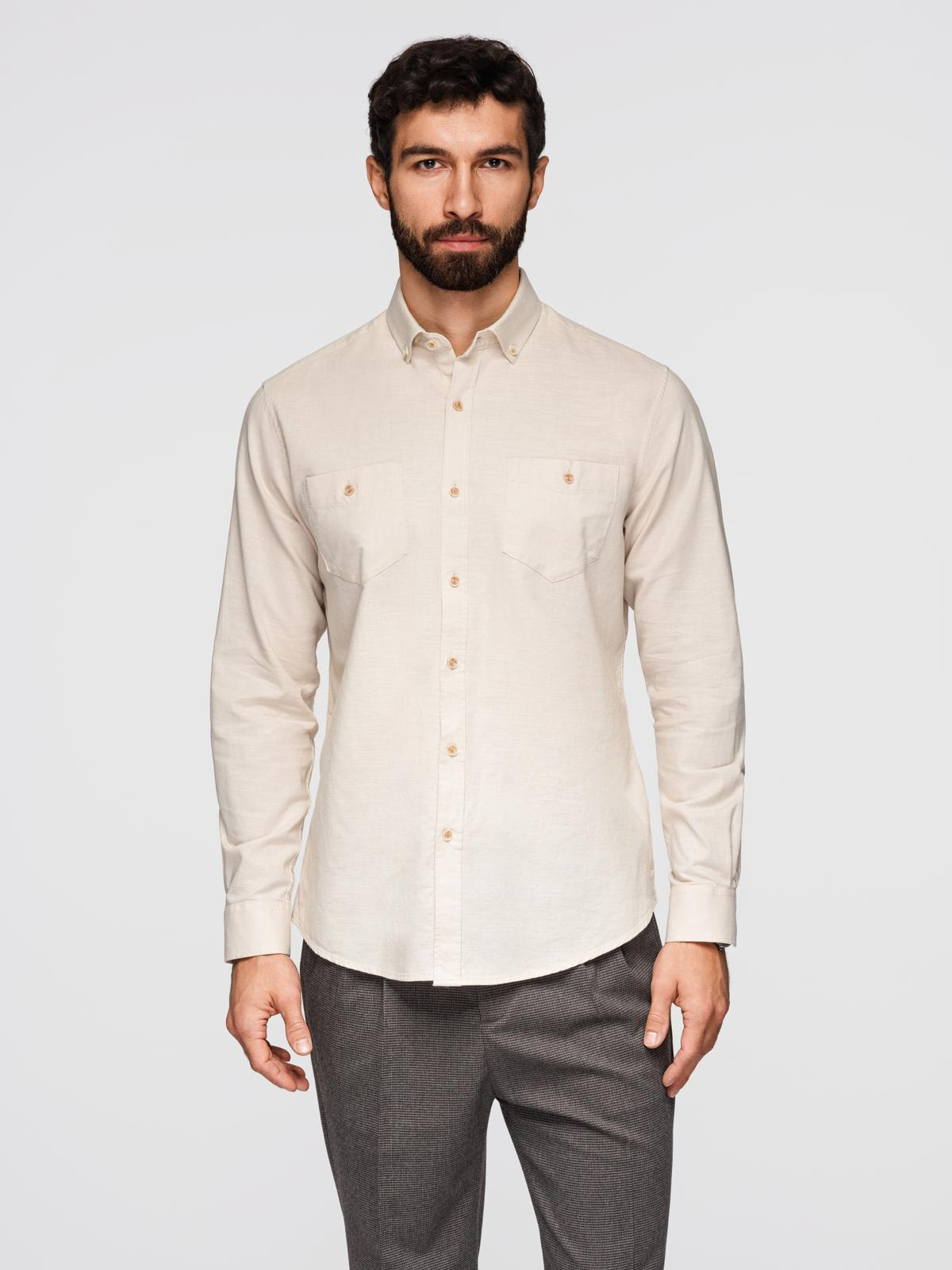 Ombre Men's linen shirt with classic collar and pockets REGULAR FIT - cream