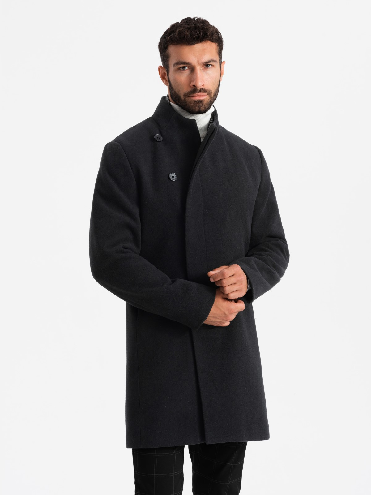 Ombre Men's coat with high collar and asymmetrical fastening - black