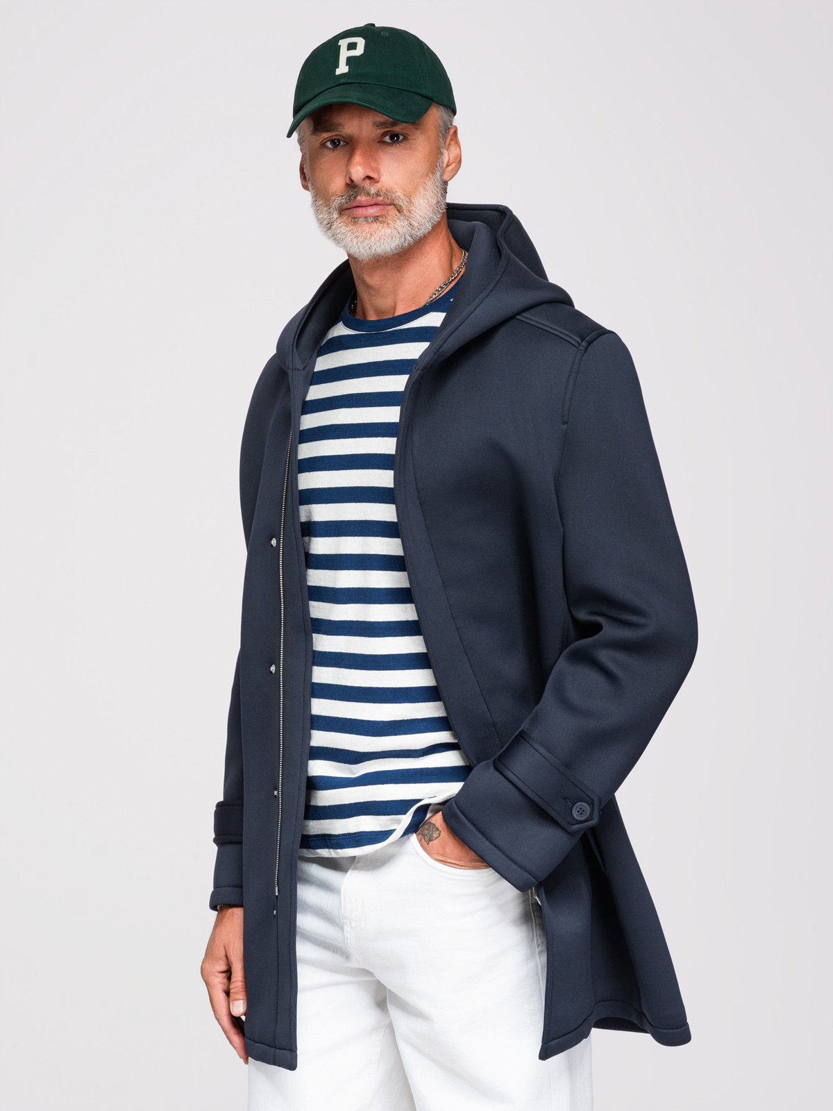 Ombre Minimalist men's mid-length coat with hood - navy blue