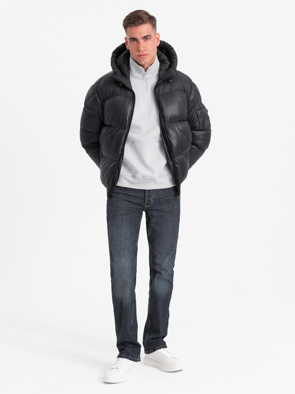 Ombre Men's warm puffer jacket with welts - black