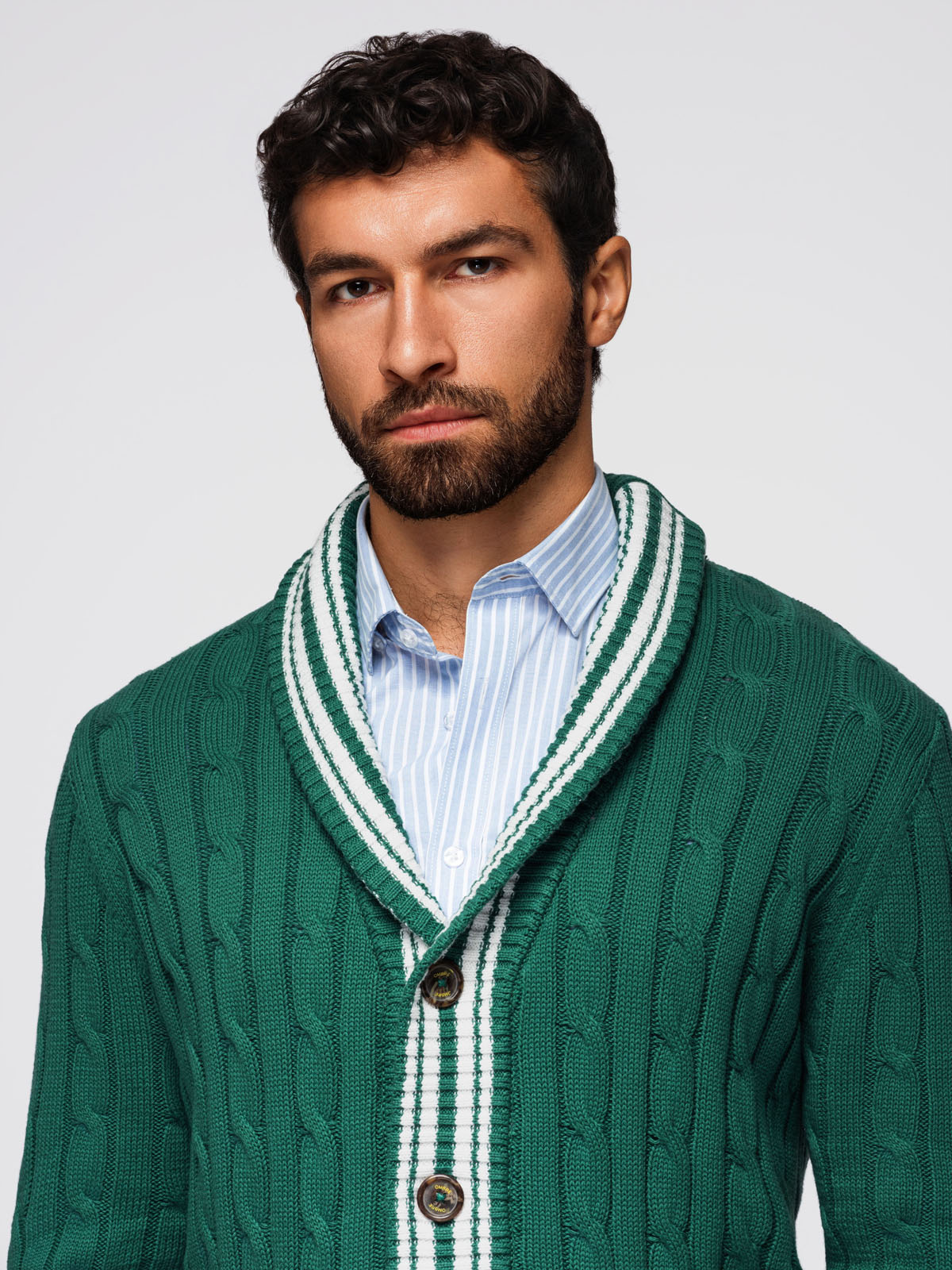 Ombre Men's cardigan sweater with shawl collar in preppy style - green
