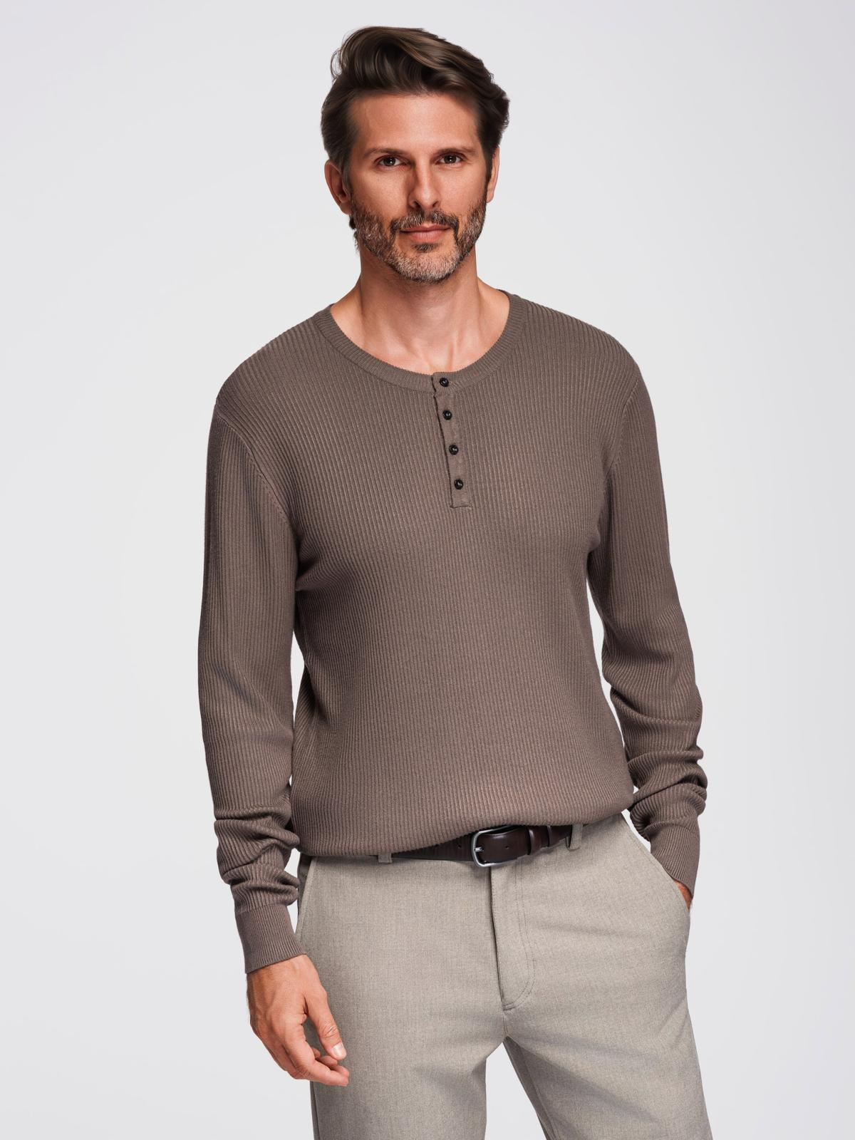Ombre Men&#039;s ribbed sweater with buttons at the neckline - ash