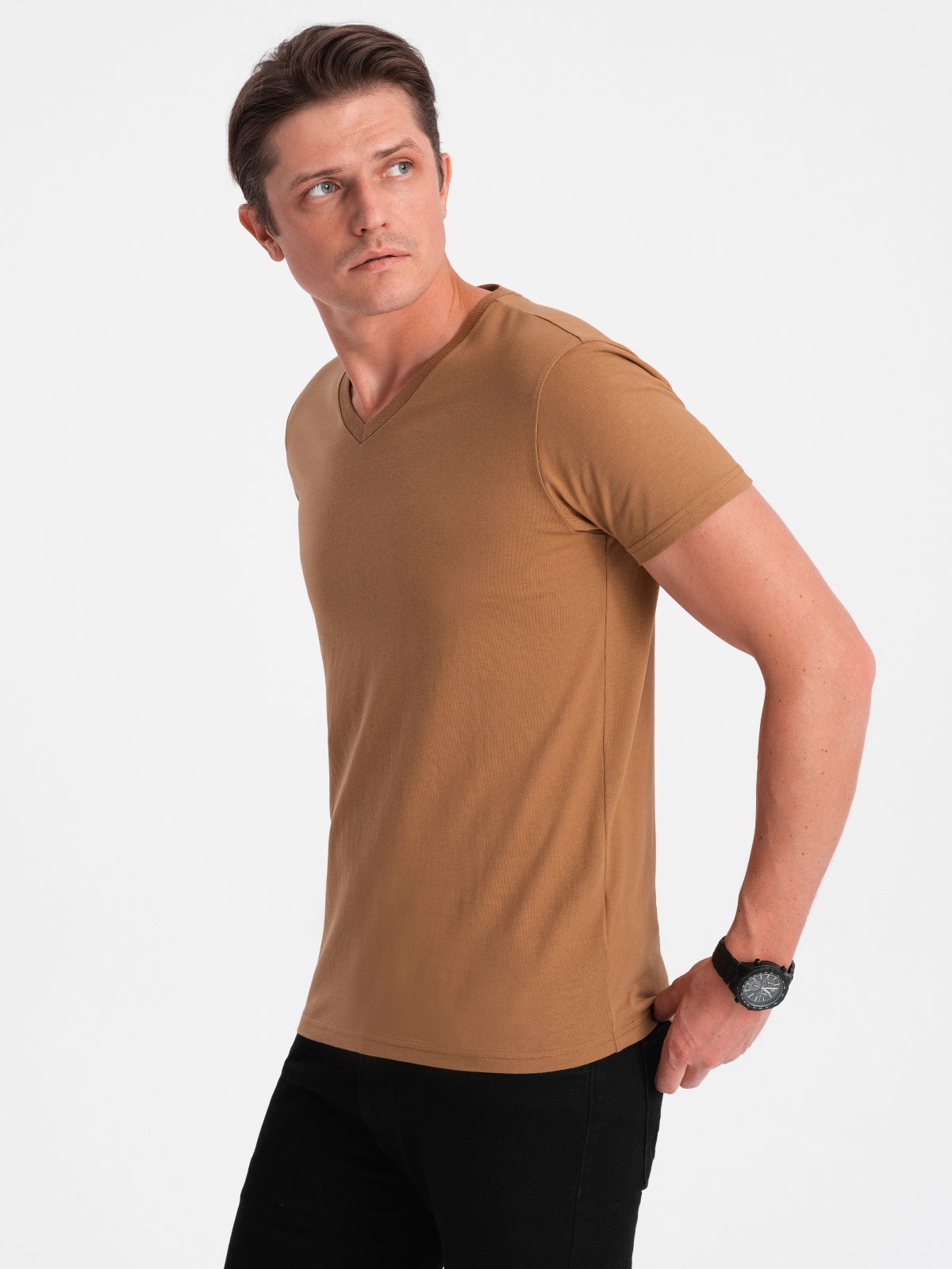 Levně Ombre BASIC men's classic cotton T-shirt with a crew neckline - warm-brown