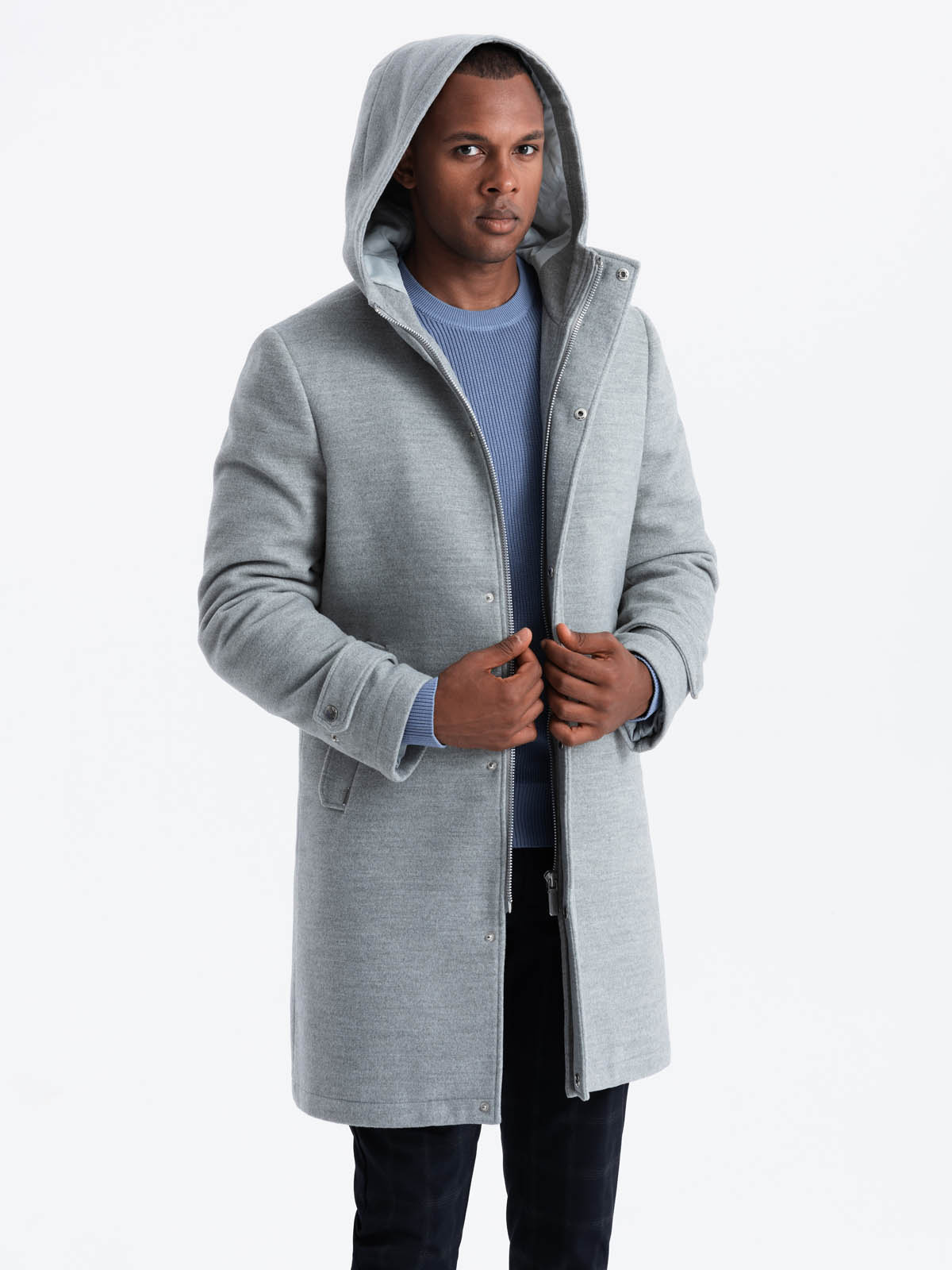 Ombre Monochrome long men&#039;s hooded coat - grey melange