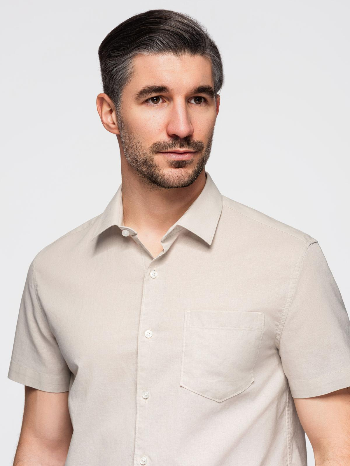 Ombre Men's short-sleeved linen-cotton shirt with pocket - beige