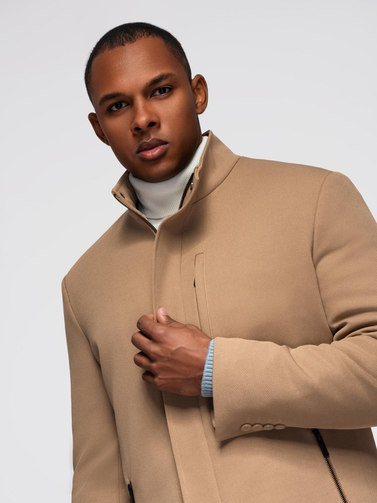 Ombre Structured fitted coat for men with high collar - light brown