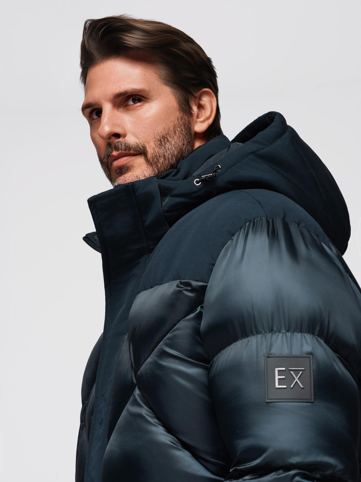 Ombre Men&#039;s hooded jacket with geometric diamond quilting - navy blue