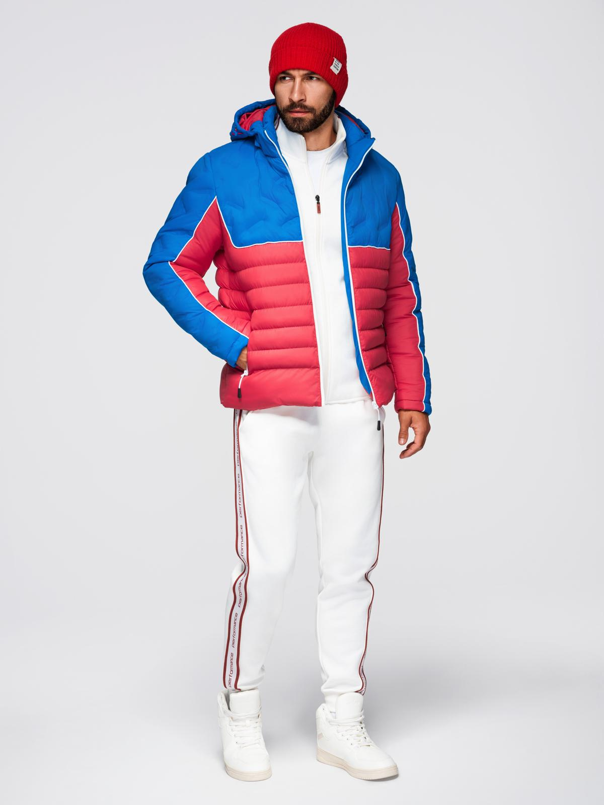 Ombre Men&#039;s quilted jacket with detachable hood - blue and red